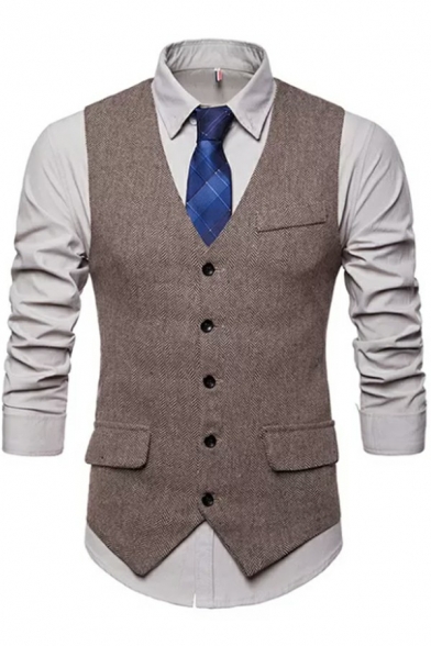 Chic Suit Vest Pure Color Flap Pocket V-Neck Sleeveless Skinny Single Breasted Suit Waistcoat for Guys