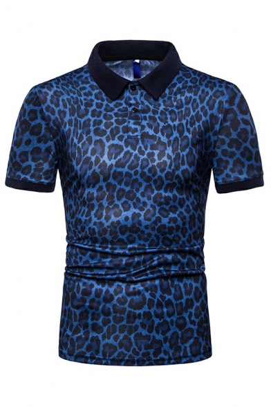 Dashing Men's Polo Shirt Leopard Pattern Button Embellished Short Sleeves Slimming Polo Shirt
