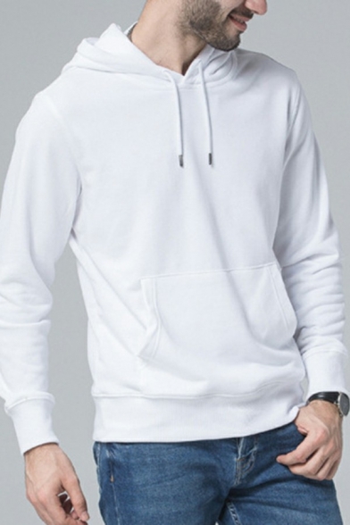 Dashing Mens Drawstring Hoodie Solid Color Long Sleeve Rib Cuffs Regular Fitted Hoodie with Pocket