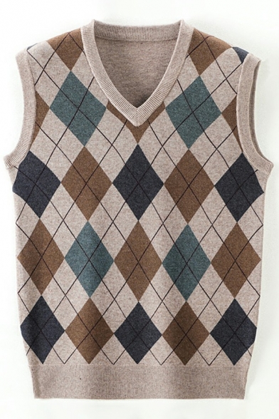 Dashing Mens Vest  Sleeveless V-Neck Argyle Print Knitted Rib Hem Regular Fitted Sweater Vest