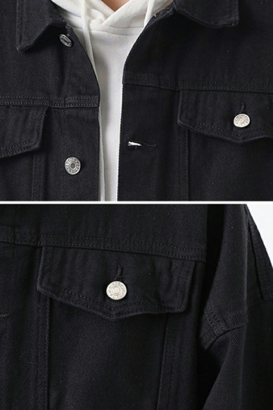 Fancy Mens Jacket Solid Color Button Closure Lapel Collar Long-Sleeved Relaxed Fitted Denim Jacket with Pockets