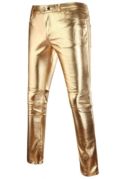 Fancy Mens Leather Pants Solid Color Zip up Slim Fit Pants