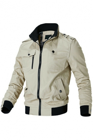 Fashion Guy's Jacket Contrast Trim Multi-Pocket Detailed Stand Collar Slim Zip Fly Jacket