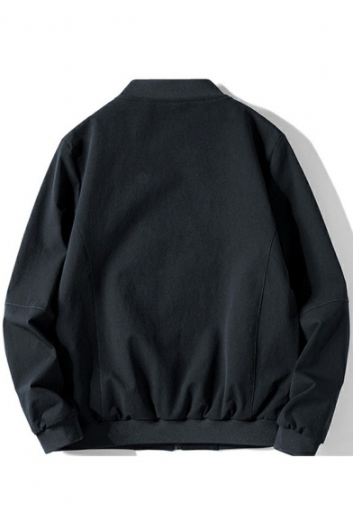 Fashionable Mens Baseball Jacket Plain Color Zip Closure Stand Collar Long-Sleeved Fitted Baseball Jacket