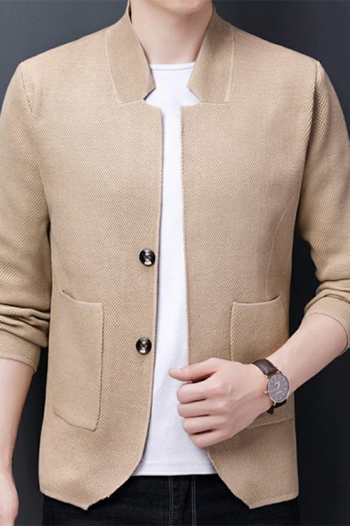 Guy's Trendy Cardigan Solid Color Pocket Designed Stand Collar Relaxed Long Sleeves Button Up Cardigan