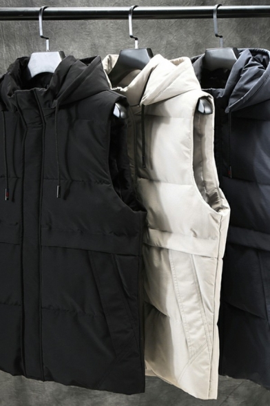 Guys Elegant Vest Solid Drawstring Detailed Sleeveless Relaxed Fit Hooded Zip Up Vest