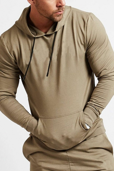 Guys Sporty Hoodie Pure Color Drawcord Big Pocket Long Sleeves Slimming Hoodie