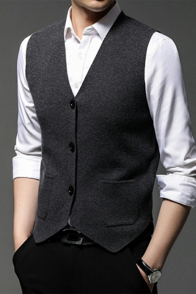 Guys Urban Vest Whole Colored Button Placket Sleeveless V-Neck Slim Fitted Vest