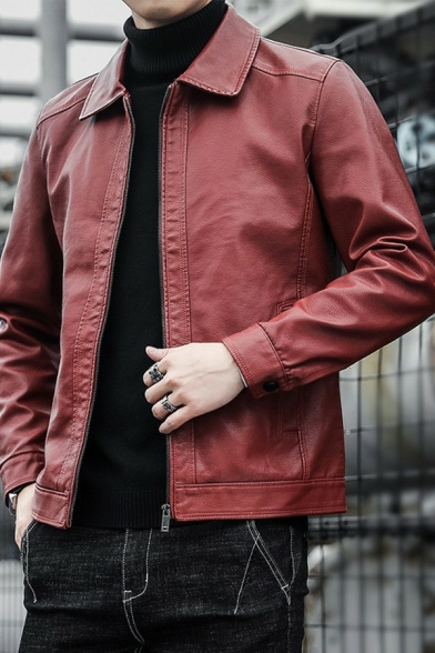 Leisure Men Jacket Solid Pocket Lapel Collar Long Sleeve Relaxed Fit Zip Fly Leather Jacket