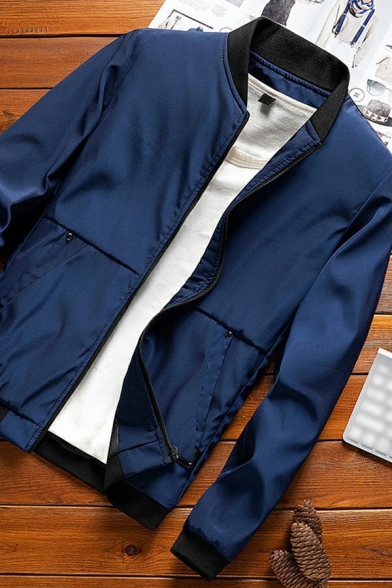 Men Elegant Bomber Jacket Contrast Line Pattern Long Sleeve Stand Collar Pocket Detail Slim Fit Bomber Jacket