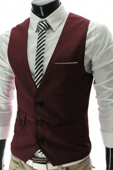 Men's Fashionable Suit Vest Solid Color Sleeveless V-Neck Pocket Detail Slim Fitted Suit Vest