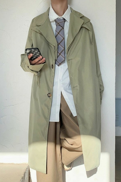 Men's Street Look Coat Whole Colored Button Placket Knee Length Long Sleeves Relaxed Coat