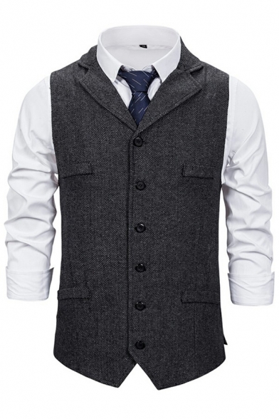 Men's Stylish Suit Vest Herringbone Pattern Sleeveless Lapel Collar Front Pocket Slim Fitted Suit Vest