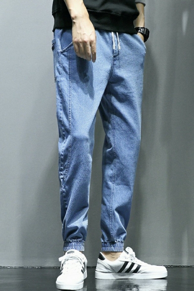 Men Simple Denim Pants Solid Color Front Pocket Regular Fit Denim Pants