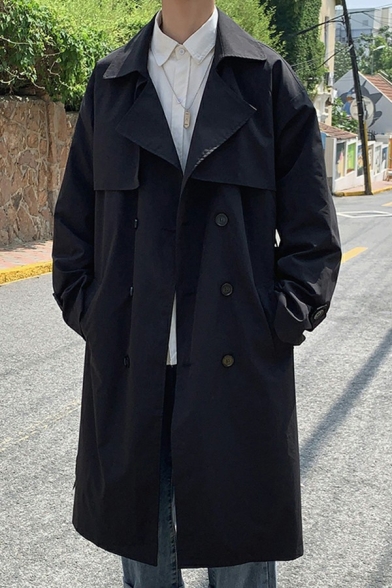 Men Smart Coat Pure Color Double Breasted Side Pocket Collar Long Length Loose Coat
