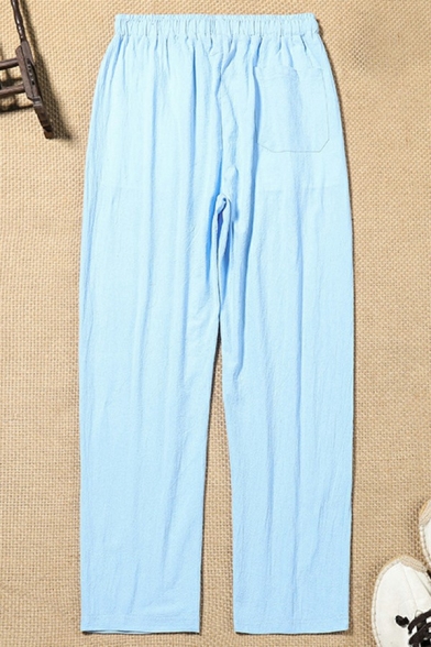 Mens Simple Pants Pure Color Front Pocket Full Length Drawcord Elastic Waist Pants