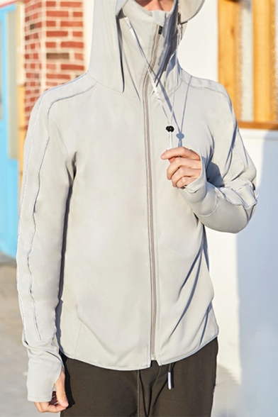 Modern Coat Pure Color Long Sleeve Zipper Placket Hooded Regular Fit Coat for Men