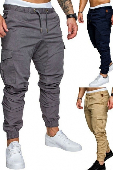 Popular Drawstring Pants Solid Color Elastic Waist Flap Pocket Regular Fitted Pants for Men
