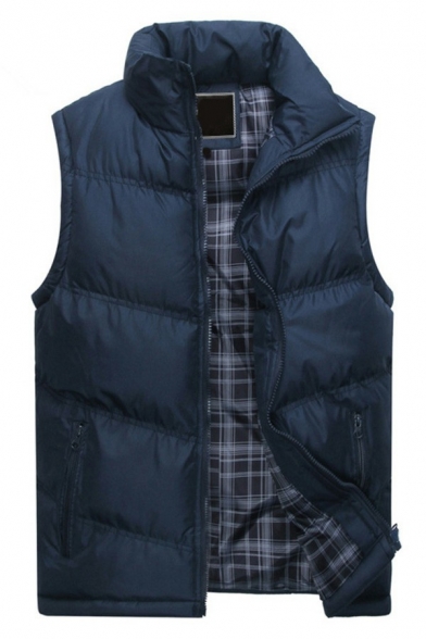 Smart Guys Vest Plain Stand Collar Padded Plaid Lined Zip Up Pocket Regular Vest