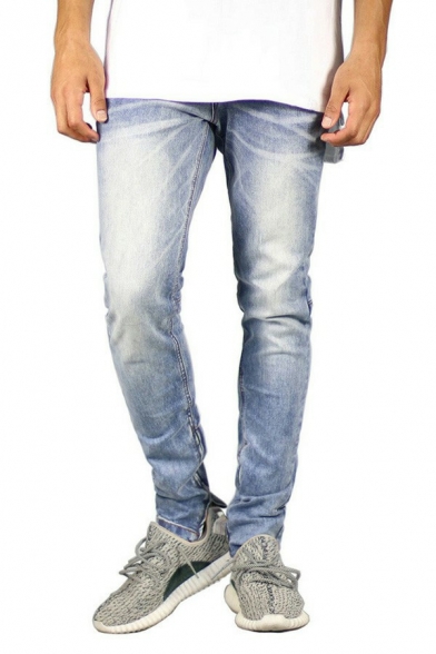Street Look Jeans Zip Closure Zippered Vent Mid Rise Multi-Pockets Skinny Fit Jeans for Guys