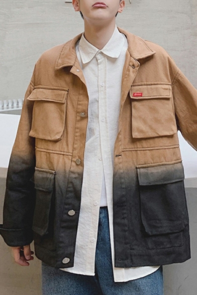 Street Look Mens Denim Jacket Color-Blocked Long Sleeves Turn down Collar Loose Fit Jacket
