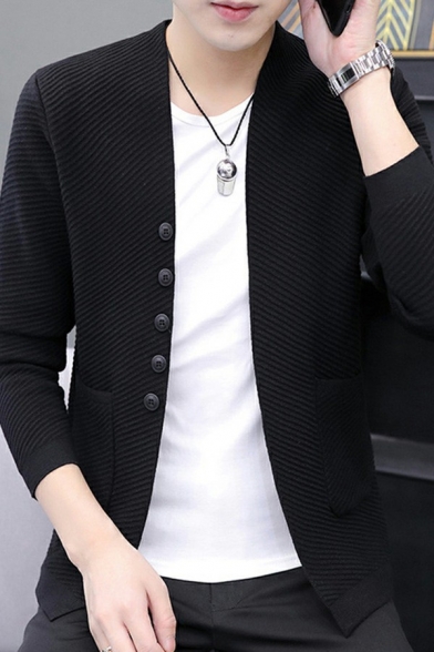 Street Look Mens Knit Cardigan Pure Color Single Breasted V-Neck Long-Sleeved Single Breasted Fitted Cardigan