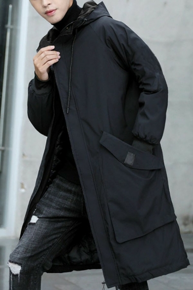 Stylish Men Black Coat Plain Drawstring Long Sleeves Regular Zip Fly Hooded Trench Coat