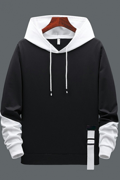 Stylish Mens Hoodie Contrast Color Fake Two-piece Long-Sleeved Rib Cuffs Loose Fit Hoodie