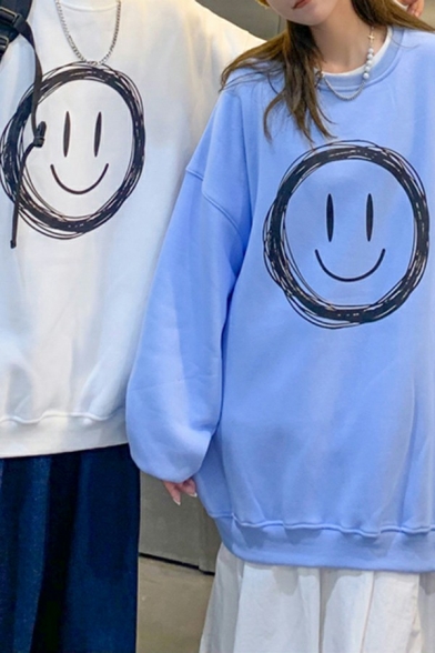 Stylish Sweatshirt Smile Print Crew Neck Long Sleeve Loose Fit Sweatshirt for Boys