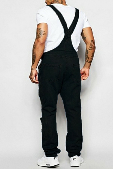 Unique Mens Overall Pure Color Ripped Detail Sleeveless Full Length Straight Fit Denim Overall