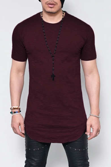 Vintage Tee Shirt Whole Colored Curved Hem Round Neck Short Sleeves Skinny T-Shirt for Men