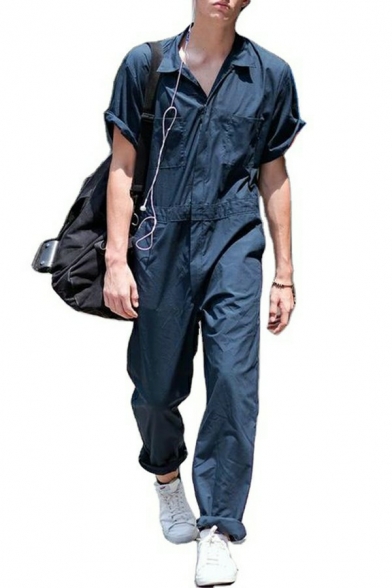 Classic Mens Jumpsuit Pure Color Button down Chest Pockets Long Sleeves Full Length Jumpsuit