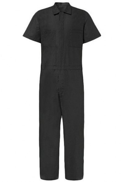 Classic Mens Jumpsuit Pure Color Button down Chest Pockets Long Sleeves Full Length Jumpsuit