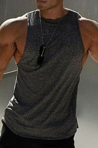Basic Mens Fitness Tank Top Pure Color Sleeveless Round Neck Curved Hem Regular Fitted Tank Top