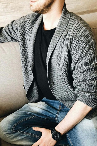 Boyish Cardigan Whole Colored Shawl Collar Long Sleeves Regular Button-up Knitted Cardigan for Guys
