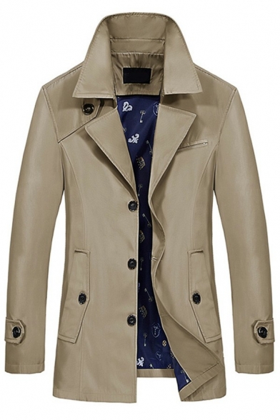 Comfy Trench Coat Solid Pocket Button Embellish Long-sleeved Loose Trench Coat for Guys