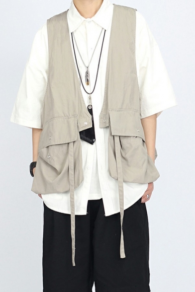 Cool Vest Plain Flap Pocket Lace-Up Decorated V-Neck Sleeveless Open Front Vest for Boys