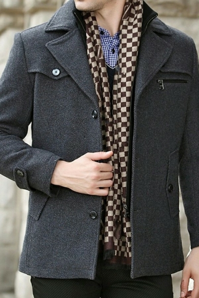 Dashing Guys Jacket Pure Color Button Pocket Notched Collar Long Sleeve Relaxed Single-Breasted Coat