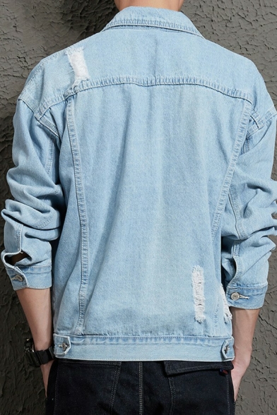 Fashionable Jacket Whole Colored Breast Pocket Distressed Fitted Denim Jacket for Men