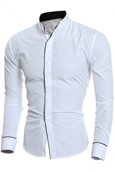 Fashionable Men Shirt Solid Color Turn-down Collar Slimming Long Sleeve Button Fly Shirt