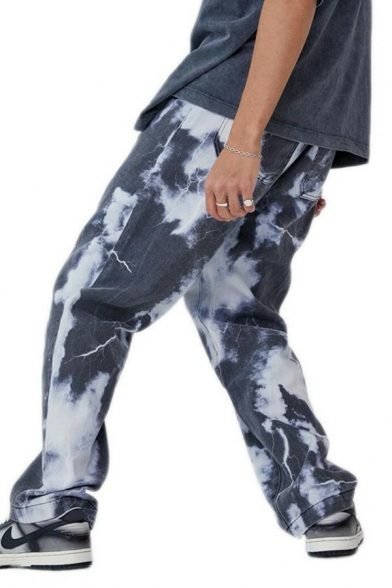 Fashionable Tie-Dyed Jeans Zip Closure Mid Rise Full Length Straight Leg Jeans for Men