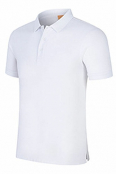 Guy's Chic Polo Shirt Whole Colored Button-up Lapel Collar Short Sleeved Relaxed Polo Shirt