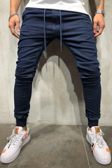 Guys Fashion Pants Solid Color Washed Effect Drawstring Waist Skinny-Fit Pencil Pants
