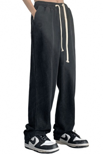 Guys Simple Pants Pure Color Drawcord Elastic Waist Full Length Loose Pants