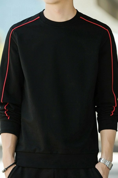 Men Chic Hoody Contrast Line Pattern Round Neck Rib Cuffs Long-Sleeved Fitted Hoody