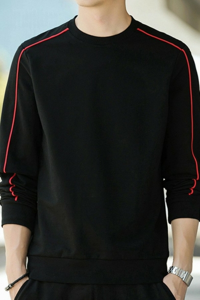 Men Chic Hoody Contrast Line Pattern Round Neck Rib Cuffs Long-Sleeved Fitted Hoody