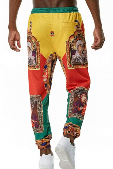 Men Chic Pants Scarf Pattern Drawstring Elastic Waist Front Pocket Regular Fitted Pants