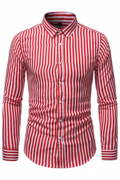 Men's Popular Shirt Stripe Printed Long Sleeve Lapel Collar Button Closure Regular Fitted Shirt