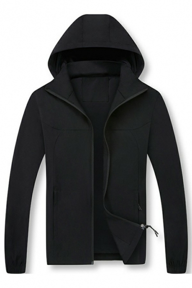 Men Urban Jacket Solid Color Drawstring Long Sleeve Skinny Zip-up Hooded Jacket for Men