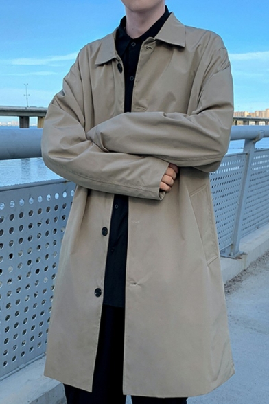 Mens Edgy Trench Coat Pure Color Long Sleeve Lapel Collar Long Length Loose Button Fly Trench Coat